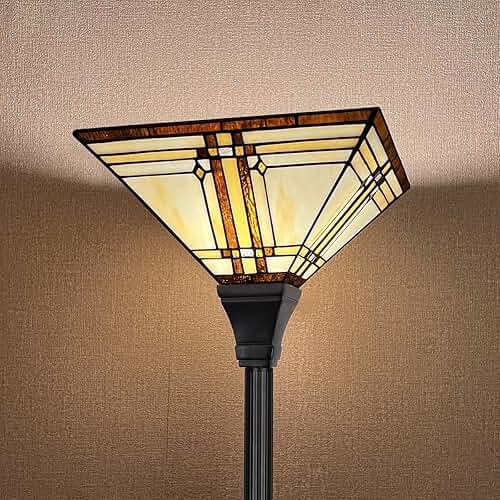 Capulina Tiffany Lamp Stained Glass Torchiere Floor Lamp 69 Inches Tall Industrial Pole Cream Color Mission Tiffany Style Standing Floor Lamp for Home Office Living Room Bedroom - Product Image