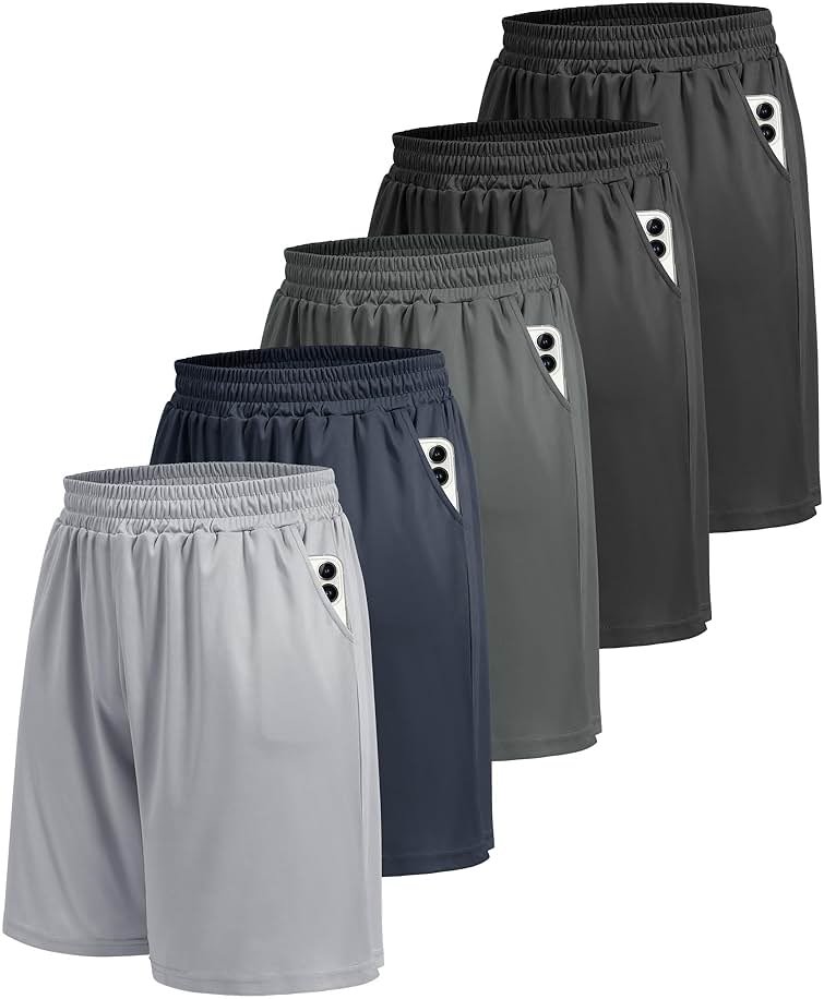 BOOJO 5 Pack Athletic Gym Mens Shorts - Workout Black Quick Dry Basketball Shorts with Pockets for Running Casual Activewear - Product Image
