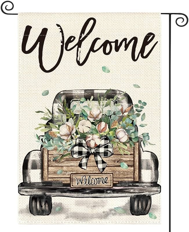 AVOIN colorlife Welcome Spring Truck Garden Flag 12x18 Inch Double Sided, Cotton Rustic Buffalo Plaid Yard Outdoor Flag - Product Image