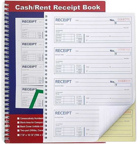 Money and Rent Receipt Book 2-Part Carbonless 7-5/8" x 11" Spiral Bound 200 Sets per Book 4 Receipts per Page(1pack) - Product Image