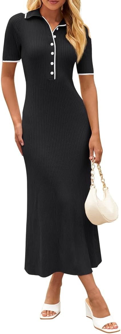 MEROKEETY Women's Spring Summer Ribbed Maxi Dress 2026 Bodycon V Neck Button Short Sleeve Slim Fit Knit Sweater Dresses - Product Image