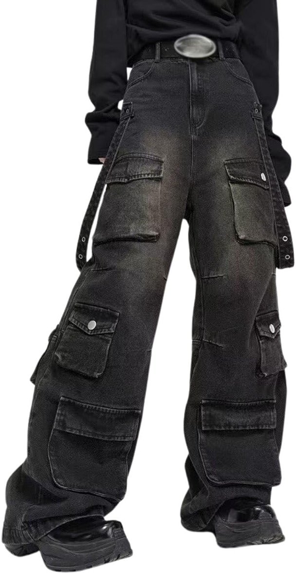 Hugboom Baggy Cargo Pants for Men Women Wide Leg Jeans Y2k Hip Hop High Waisted Pants Casual Streetwear Grunge Clothes Black - Product Image