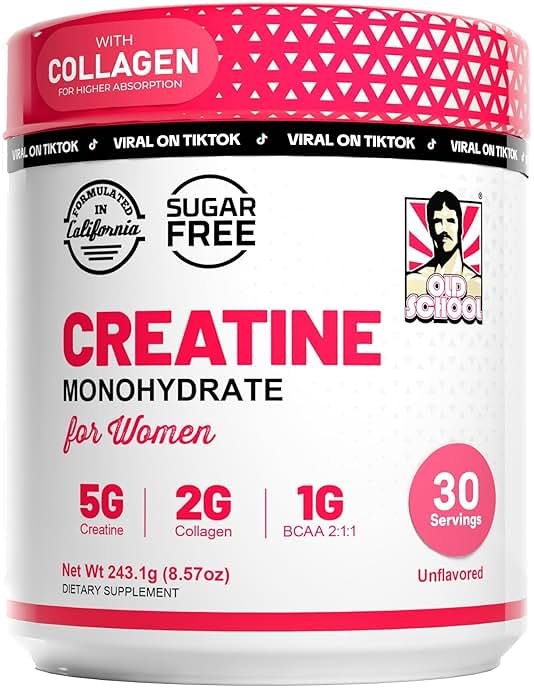 Old School Labs Creatine for Women – Post-Workout Supplement with 5000mg Creatine Monohydrate Powder, 2000mg Collagen & BCAA 2:1:1 for Strength Support & Recovery – Unflavored - 8.57 Ounce (Pack of 1) - Product Image
