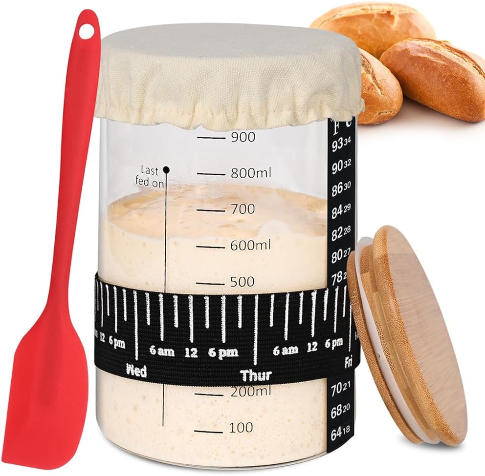 Xileanalee Pro Sourdough Starter Jar Kit- 35 Oz Large Sourdough Starter Glass Jar with Date Marked Feeding Band,Thermometer,Spatula,Cloth Cover& Lid for Sour Dough Bread Loaf - Product Image
