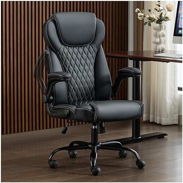amseatec Office Chair, Executive PU Leather Chair Home Office Desk Chairs, Ergonomic Computer Desk Chair with Adjustable Flip-Up Arms, Lumbar Support Swivel Task Chair with Rocking Function (Black) - Product Image