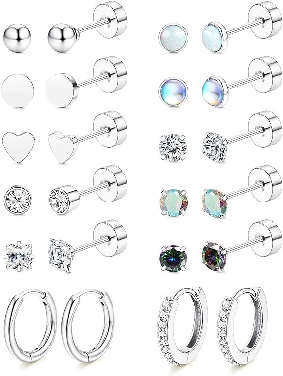 LOLIAS Hypoallergenic Flat Back Earrings for Women-Surgical Steel Earrings for Sensitive Ears 20G Stainless Steel Earring Stacks Small Flatback Stud Hoop Cartilage Earring - Product Image