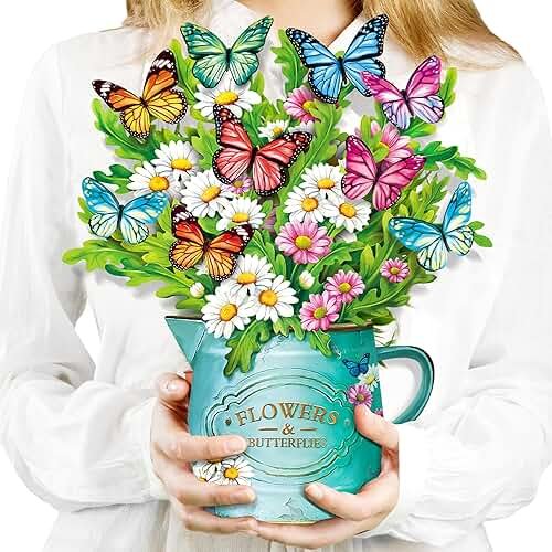 Airpark 3D Pop Up Paper Flowers Bouquet Card 12’‘ with Note & Envelope, Birthday Gifts, Get Well, Thank You, Greeting Cards for Women Mom Wife Friends, Daisies and Butterflies - Product Image
