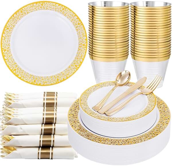 WELLIFE 175Pcs Gold Dinnerware Sets, Include:25 Dinner Plates, 25 Dessert Plates, 25 Paper Napkins, 25 Cups, 25 Plastic Cutlery Set - Product Image