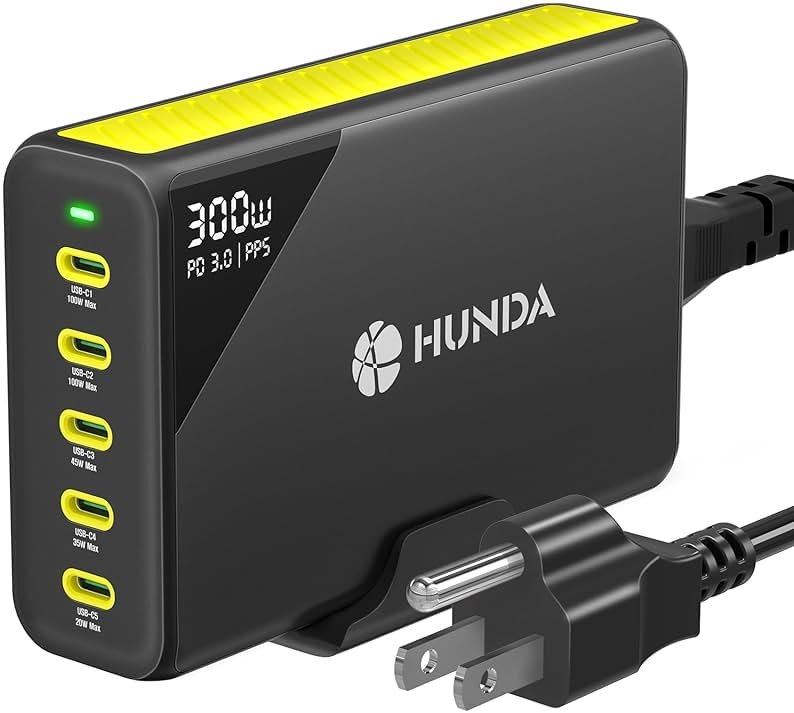 HUNDA 300W USB C Charger GaN Charging Station Desktop 5 Ports PD 100W Fast Power Adapter Support PD3.0 /PPS 45W /QC5 for MacBook Pro/Air, iPhone 15 Pro,Samsung,HP,Dell etc - Product Image