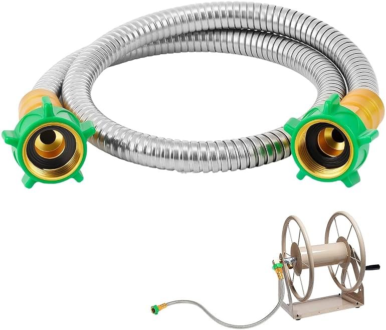 3ft Short Garden Hose with Female to Female Connector - Metal Leakproof Leader Hose for Hose Reel, Heavy Duty 304 Stainless Steel Flexible Hose for Outdoor Garden Watering Car Pet Cleaning - Product Image