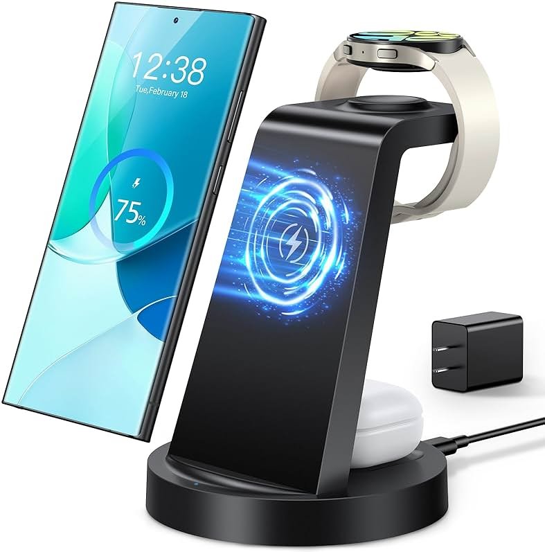 Wireless Charger for Samsung: 3 in 1 Wireless Charging Station for Samsung Galaxy Watch 8 7 6 5 4 3 Pro Classic Galaxy Buds - Charger Dock Stand for S26 S25 S24 Ultra S23 S22 S21 Note Z Fold Android - Product Image