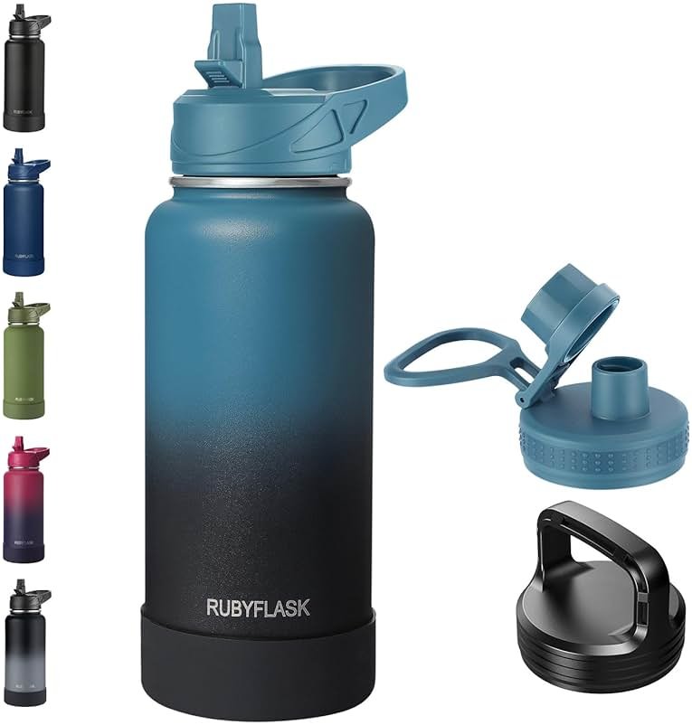 RUBYFLASK 32oz Insulated Water Bottle with Straw, Stainless Steel Metal Vacuum Water Flask, Large Thermal Water bottle with Leakproof 3 Lids for Travel, Camping, Gym Sports Indigo Black - Product Image