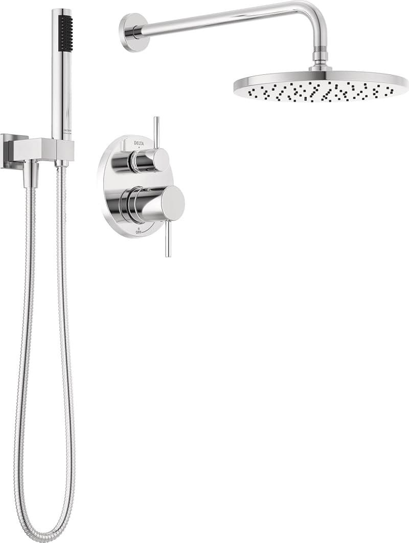 Delta Modern 14 Series Round Rain Shower System Faucet Set, Rainfall Chrome Shower Head and Handle Set, Valve Trim Kit, 10 Inch, Chrome 342702 - Product Image