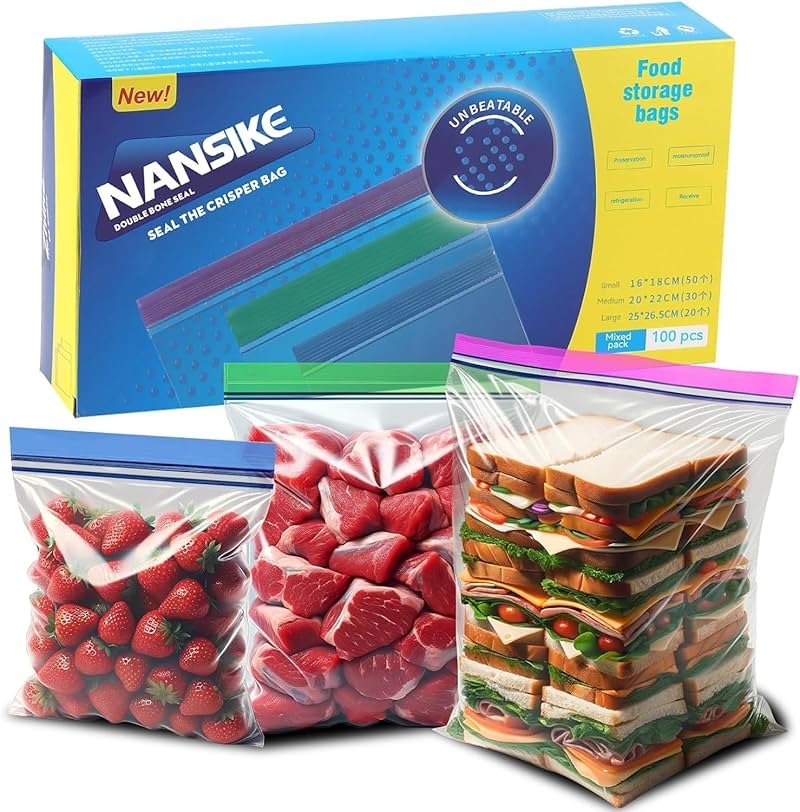 NANSIKE 100-Pack Food Storage Freezer Bags - 3 Sizes, Reusable with Zipper Lock for Fruit and Veggies, Microwave and Freezer Safe, No BPA - Strong Seal, Easy to Fill for Lunch, Snacks, and Meals - Product Image
