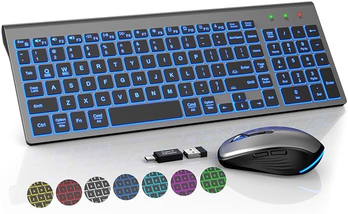 Wireless Keyboard and Mouse Combo Backlit - Compact Quiet Keyboard with RGB Mouse, Rechargeable, Slim, Sleep Mode, Portable Cordless Keyboard Mouse Set for Mac, Windows (Space Gray) - SABLUTE KM61PRO - Product Image