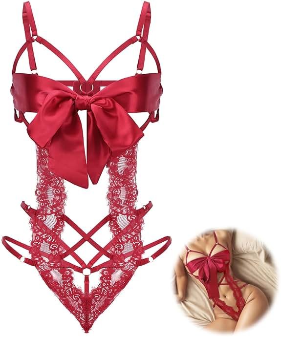 Women Sexy Lingerie Set Unwrap Me Bow Tie Lingerie Lace Smooth Ribbon Lingerie for Ladies Valentines Outfit - Product Image