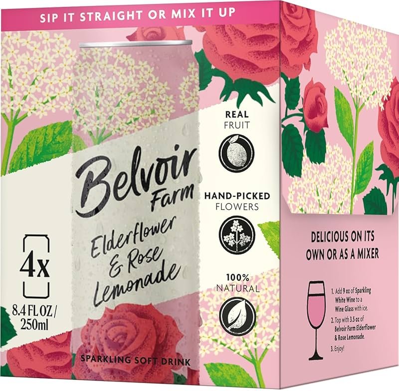 Belvoir Farm Elderflower & Rose Sparkling Lemonade | Delicious On It's Own Or As A Mixer | Product of UK | 4 Cans, 8.4 fl oz (250mL) - Product Image