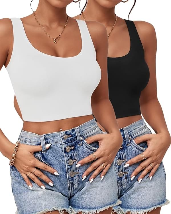 2-3Pcs Tank Tops for Women, U Neck Sleeveless Crop Tops, Basic Cropped Racerback Going Out Tops Athletic Sports Shirts - Product Image