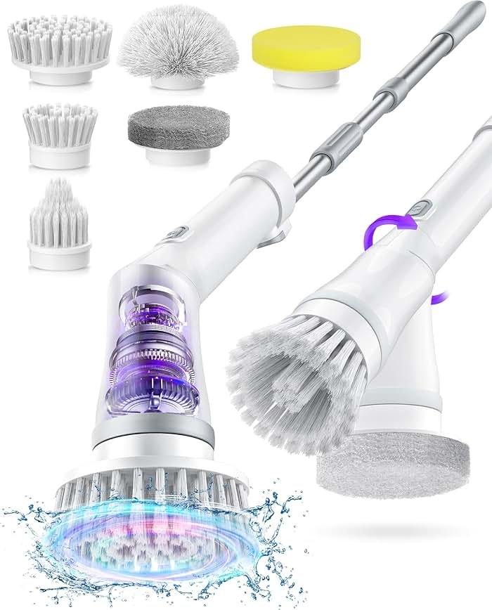 NBONEBS Electric Spin Scrubber, Cordless Shower Scrubber Rotary Floor Brushes & Pad Drivers with 6 Brush Heads - 2H Dual Speed, IPX7 Waterproof Extension Handle for Bathroom Tile Car Cleaning - Product Image