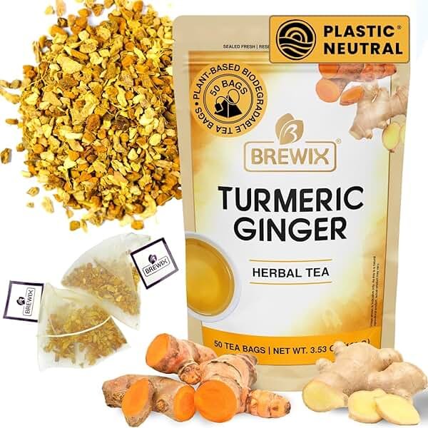 BREWIX, Turmeric Ginger Herbal Tea Bags (50 Pyramid Tea Bags) Caffeine-Free Ayurvedic Blend for Daily Wellness & Immune Balance | Daily Wellness Ritual | Gluten Free | Real Ingredients From India - Product Image