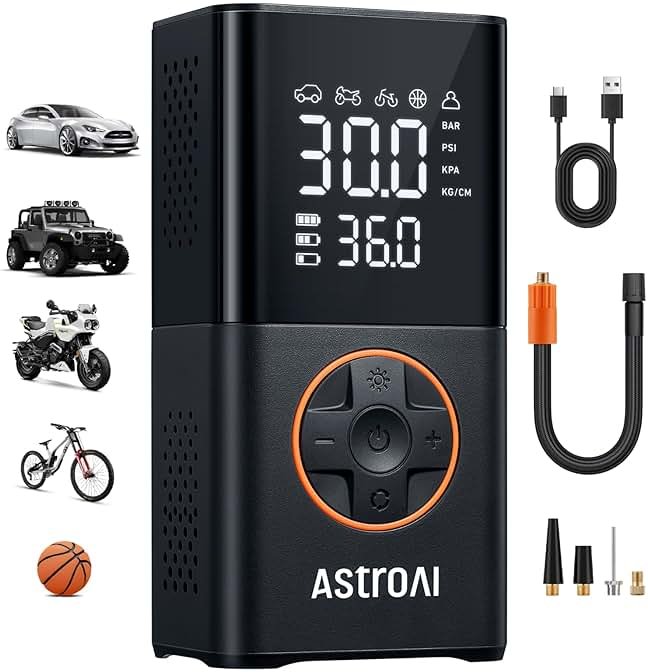 AstroAI L7 Tire Inflator Portable Air Compressor,150 PSI Cordless Mini Air Bike Auto Shut-Off Pump with Digital Display Pressure Gauge, Fast Inflation & LED Light for Car Tires,Motorcycles,Bikes,Balls - Product Image
