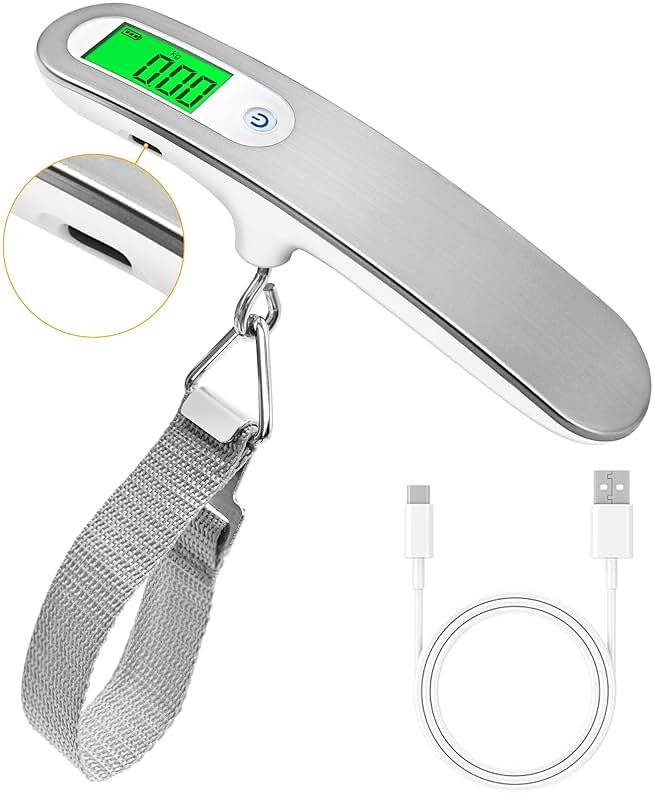 FEBHBRQ Rechargeable Luggage Scale with Strap & Type-C Port - Portable, Digital, High-Precision, and Ideal for Backpacks, Suitcases, and Carry-Ons - Up to 110lb/50kg Capacity -Strap, Silver - Product Image