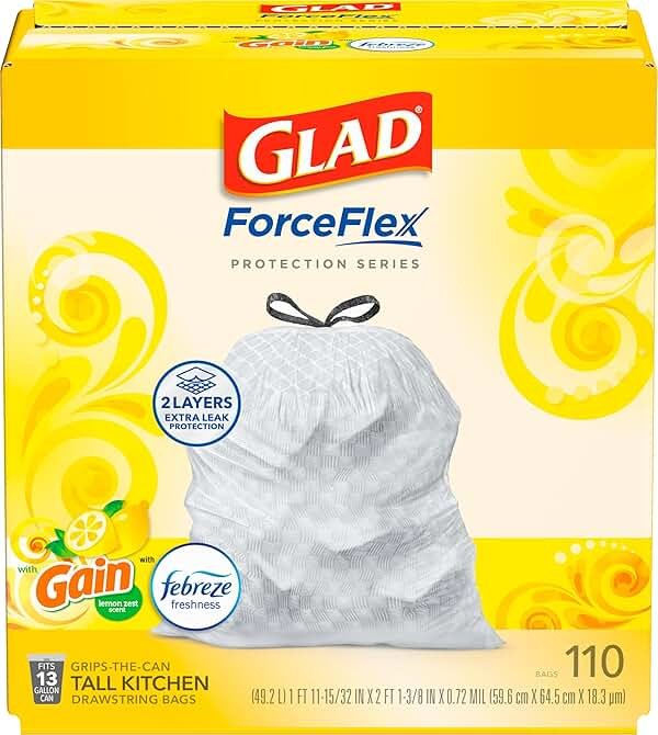 Glad ForceFlex Tall Kitchen Trash Bags, 13 Gallon, Gain Lemon Zest, 110 Count (Package May Vary) - Product Image