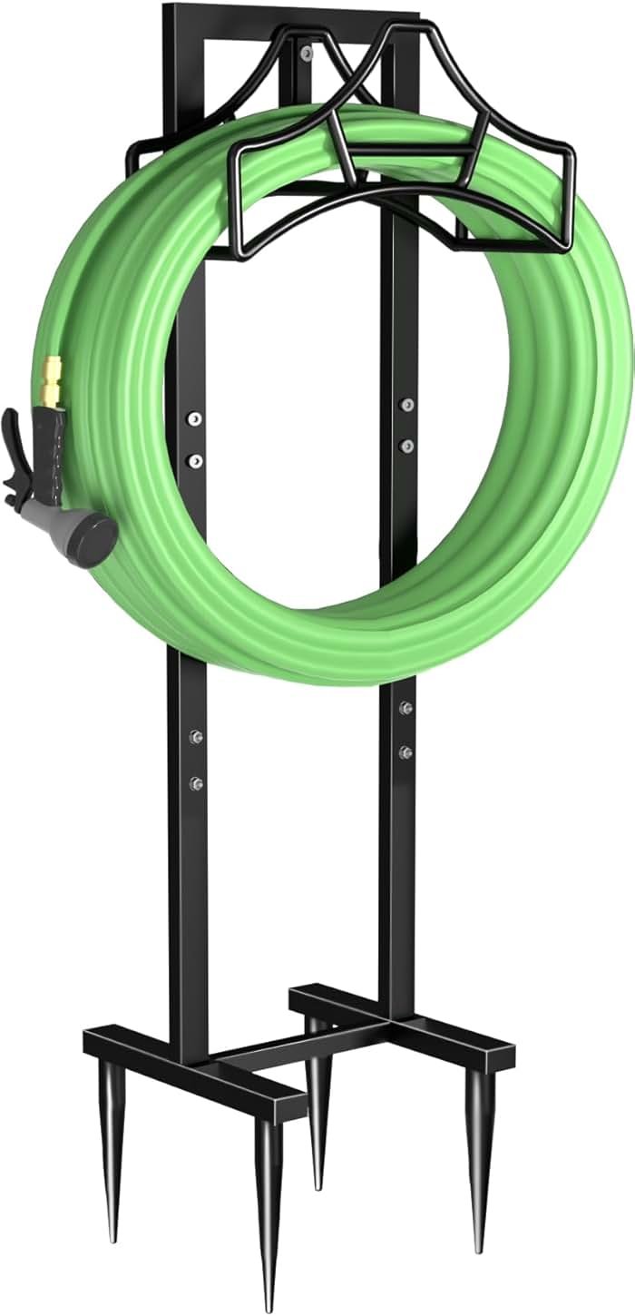 Garbuildman Garden Hose Holder With 4 Spikes, Freestanding Metal Hose Stand for Outdoor Garden, Detachable Hose Storage Rack for Lawn & Yard, Volcano Black - Product Image