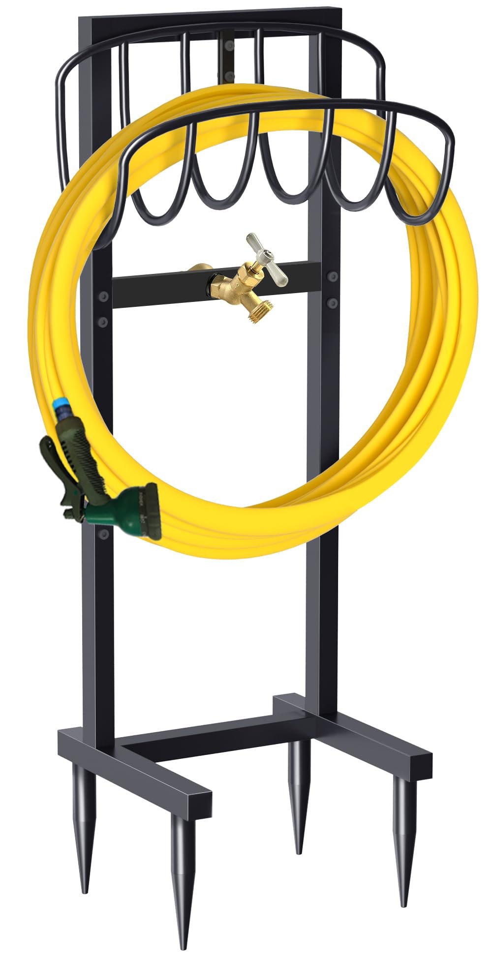 Artigarden Outdoor Garden Hose Holder Freestanding with Brass Faucet And 4 Spikes, Heavy Duty Metal Water Hose Reel Stand Hanger Rack Organizer Holds Storage 150ft Hose for Outside Yard Lawn, Black - Product Image