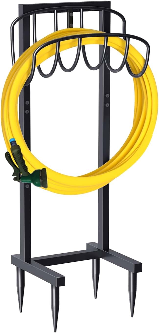 Artigarden Freestanding Garden Hose Holder with 4 Spikes, Heavy Duty Metal Reel Stand Hanger Rack Organizer, Holds Storage 150ft Hose for Outside Yard Lawn, Black - Product Image
