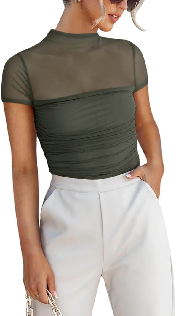 REORIA Women's Sexy Mock Turtle Neck Short Sleeve Shirts Sheer Mesh Ruched Trendy Going Out Bodysuits Tops - Product Image