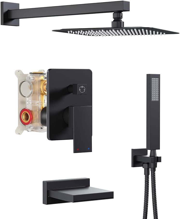 HoliSpa Black Shower System with Tub Spout, All Metal Tub Shower Faucet Set with 10" Rain Shower Head and Handheld Spray combo, Wall Mounted Tub Shower Systems with Valve and Trim Kit, Matte Black - Product Image