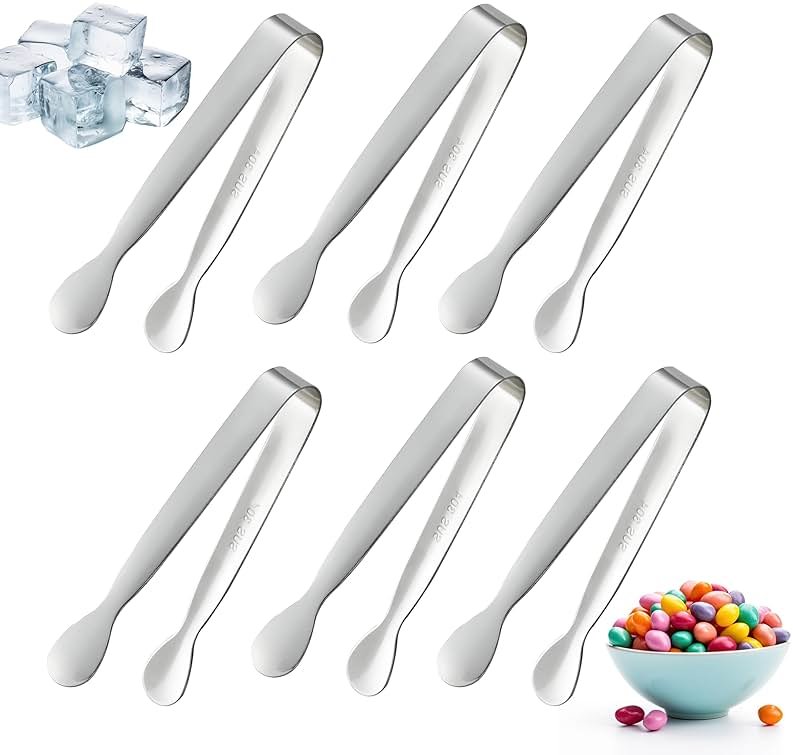6PCS Mini Small Tiny Tongs, 4.25Inch Kitchen Metal Stainless Steel Small Tongs for Serving Food, Ice, Salad, Toaster, Desserts, Appetizers and Charcuterie Board (6 Pack, Silver) - Product Image