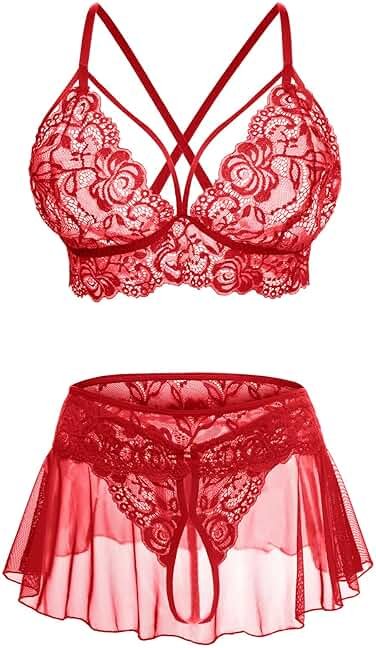 CRIPOM Sexy Lingerie for Women Naughty 3 Piece Lace Bralette, Mini Skirt with G-String Crotchless Lingerie Outfits - Product Image