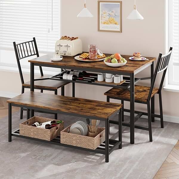 Fancihabor Dining Table Set for 4, Kitchen Table and Chairs for 4 with Wine Rack, Rectangular Dining Room Table Set with Bench, 4 Piece Dining Table Set for Small Space, Apartment, Retro Brown - Product Image
