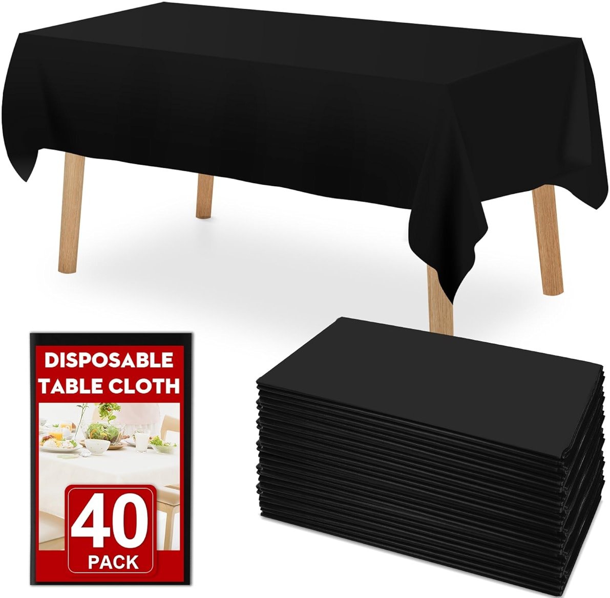 RowinsyDD 40 Pack Black Plastic Table Cloths Disposable, 54 x 108 Inches Plastic Table Cover for Rectangle Tables, Disposable Tablecloth for Dinning, Parties, BBQ, Wedding, Outdoor - Product Image