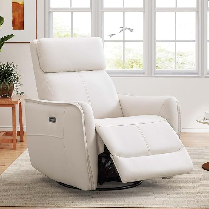 ANJ Power Swivel Recliner Chair,Rocking Chair Nursery with USB Port, Rocker Reclining Chair with Upholstered,Faux Leather Glider Rocking Chairs for Living Room, Bedroom, Cream White - Product Image