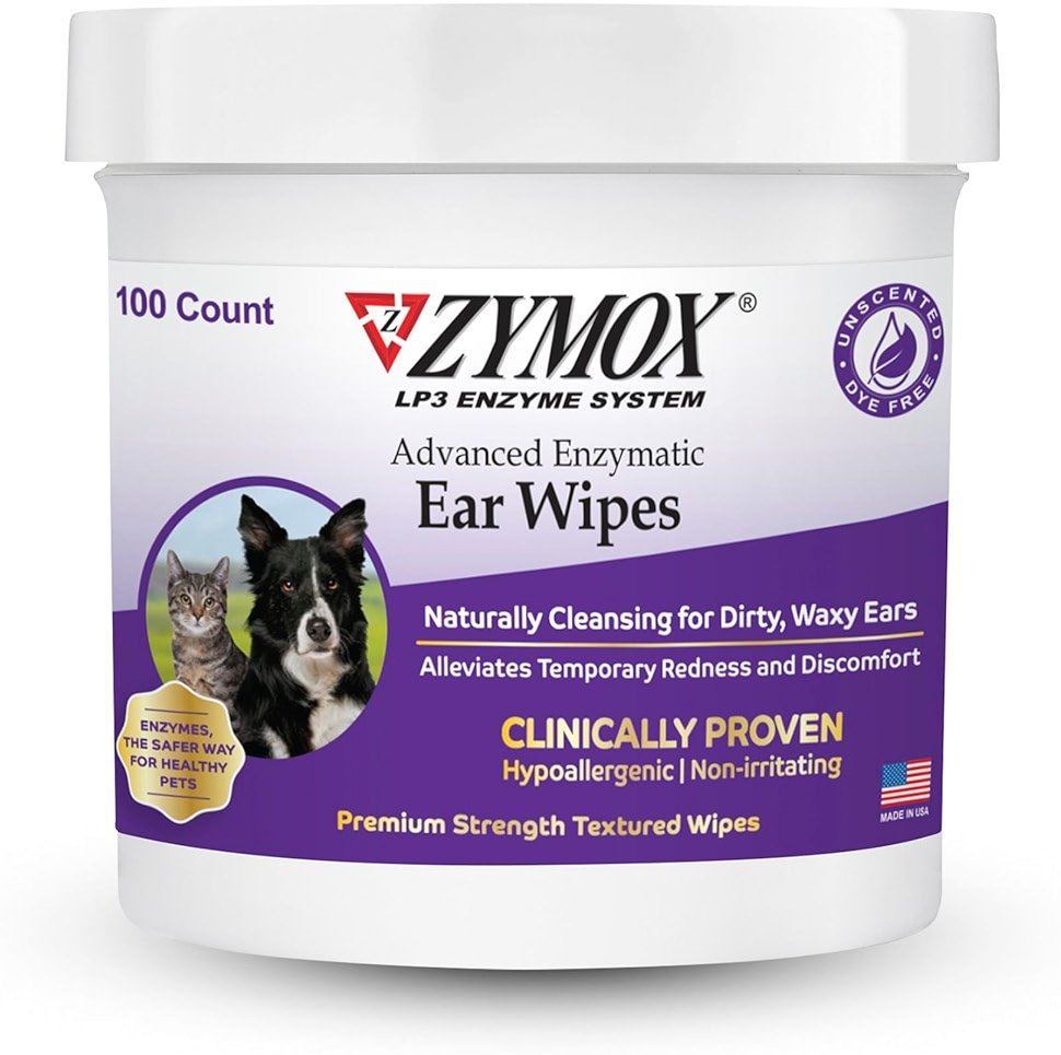 Zymox Advanced Enzymatic Ear Wipes for Dogs and Cats - for Dirty, Waxy, Smelly Ears - Premium Strength Ear Cleaner Wipes - Non-Irritating - Hypoallergenic - 100 ct - Product Image