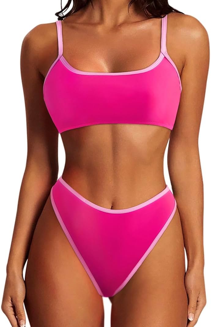 SUUKSESS Women High Waisted 2 Piece Bikini Set Cheeky High Cut Bandeau Swimsuit - Product Image