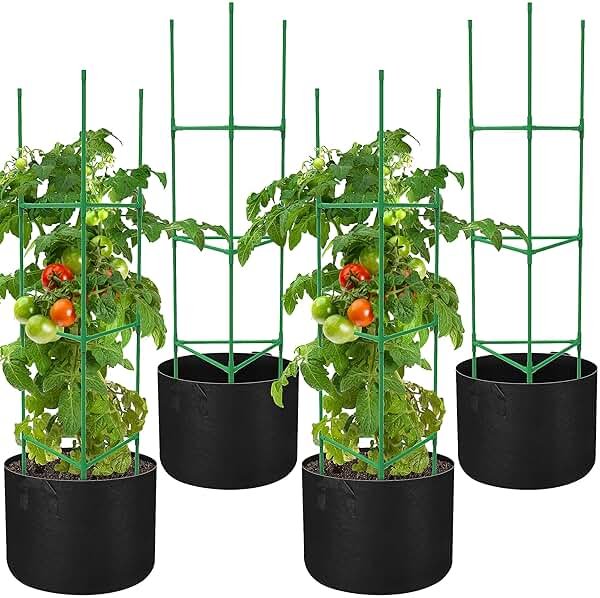 4 Packs 47 x 12 Inch Garden Tomato Cages with Grow Bags- Triangle Plant Support Trellis Assembled with Planter Bags- Garden Cucumber Vegetables Frames for Vertical Climbing Plants - Product Image