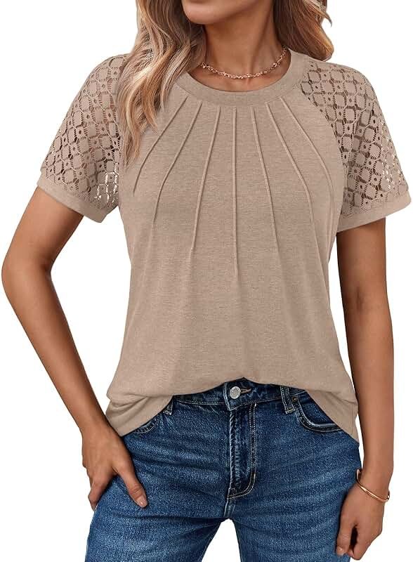 AUTOMET Women's Lace Short Sleeve Blouse - Soft Business Casual Top, Versatile Flattering Office Shirt for Summer - Product Image
