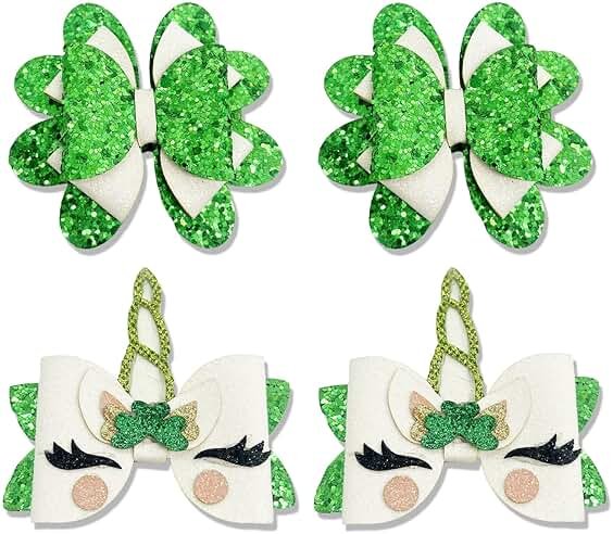 4 Pcs St. Patricks Day Hair Bow Clips Glitter Sequin Shamrock Unicorn Bow Clips Leather Hair Bows Alligator Barrettes St Patrick Hair Accessories for Kids Toddlers Girls - Product Image