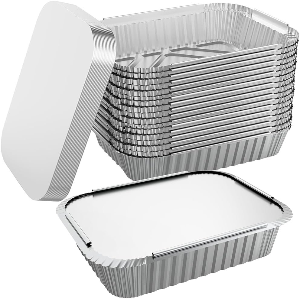 WANBAO 50 PACK 8.3"x6.2" Disposable Tin Foil Pans with Lids 2.25LB Aluminum Pans To Go Containers for Cooking, Baking, Catering Party Meal Prep, Take Out, Freeze - Product Image
