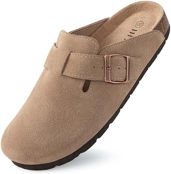 IIITHREE Women's Suede Clogs Cork Footbed Clogs for Women Soft Leather Adjustable Buckle Slip-on Potato Shoes Sandals - Product Image