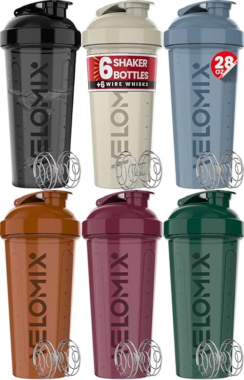 VELOMIX -6 PACK- 28 oz Protein Shaker Bottle for Protein Mixes - 6x Wire Whisk | Leak Proof Shaker Cups for Protein Shakes | Protein Shaker Bottle Pack | Protein Shake Cup (Earth Tones Collection) - Product Image