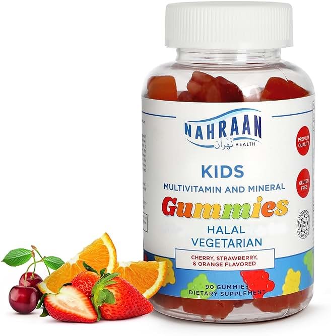 NAHRAAN HEALTH Halal Vitamins for Kids - Halal Multivitamins for Kids Vitamin A, C, D, E, B6, B12 - Non-GMO Vegetarian, Halal Gummies - 90 Count - Product Image