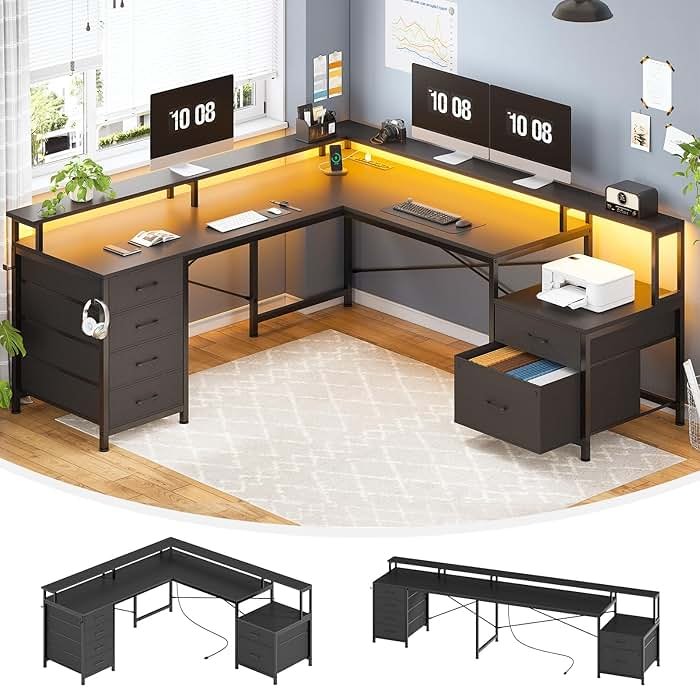 SEDETA L Shaped Desk with 6 Drawer, 108" Home Office Desk with File Drawer & Power Outlet, Corner Computer Desk with Monitor Shelf, File Cabinet, Two Person Desk, Gaming Desk with Led Lights, Black - Product Image