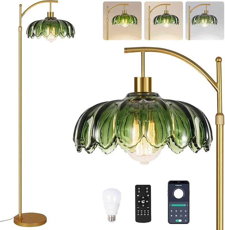 ILLMTW Gold Floor Lamp for Living Room,Bedroom,Mid Century Modern Standing Lamp with Remote,Dimmable Brass Tall Lamp Vintage Retro Green Glass Arc Floor Flower Floor Light Boho Bohemian - Product Image