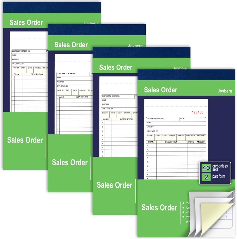 Joyberg 4 Pack Sales Order Book, 4.17inx7.2in Receipt Book with Carbon Copies, 2-Part Carbonless(White and Yellow), 40 Sets Per Book, Order Book for Small Business - Product Image