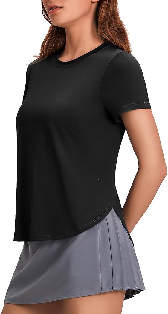 PINSPARK Workout Tops for Women UPF 50+ Yoga Shirts Short Sleeve Athletic Tops with Side Slits Running Gym Tee Top Loose Fit - Product Image